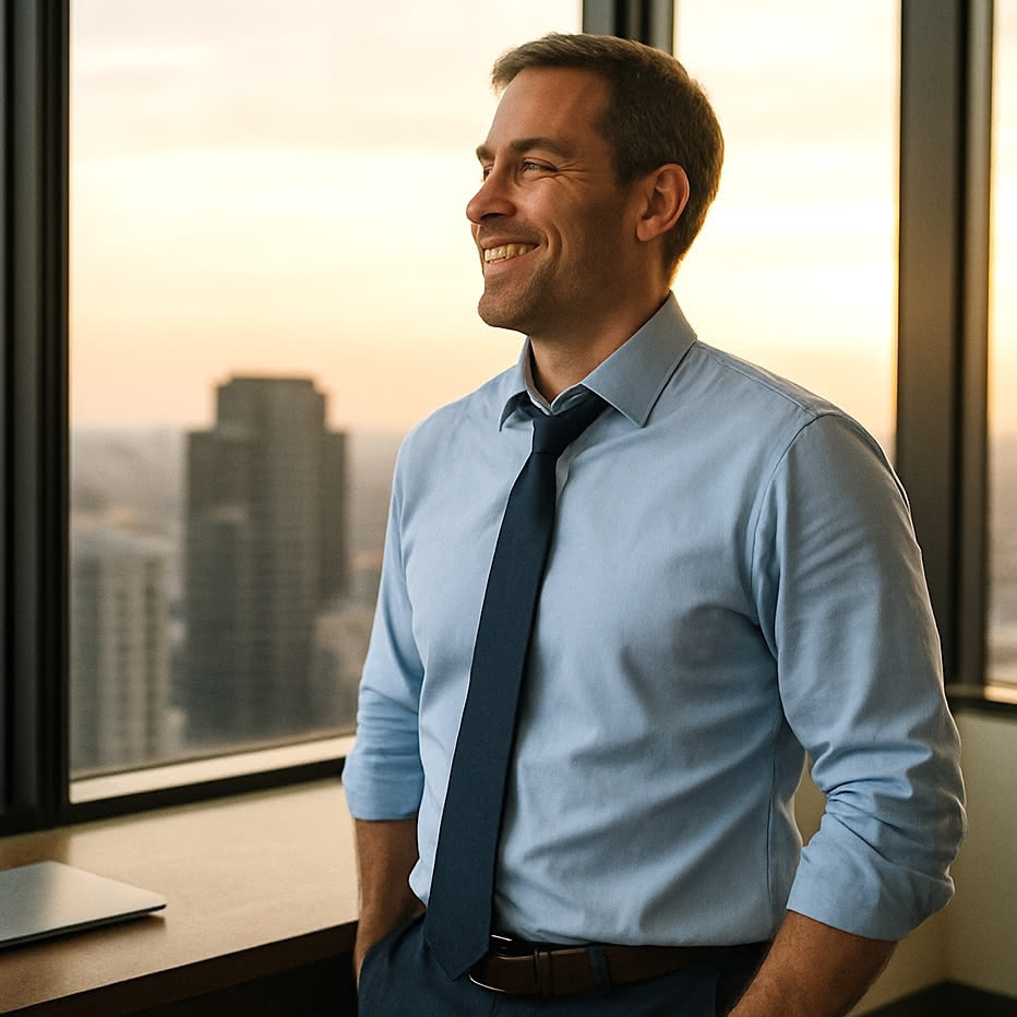 Confident professional by office window representing clarity and success in life